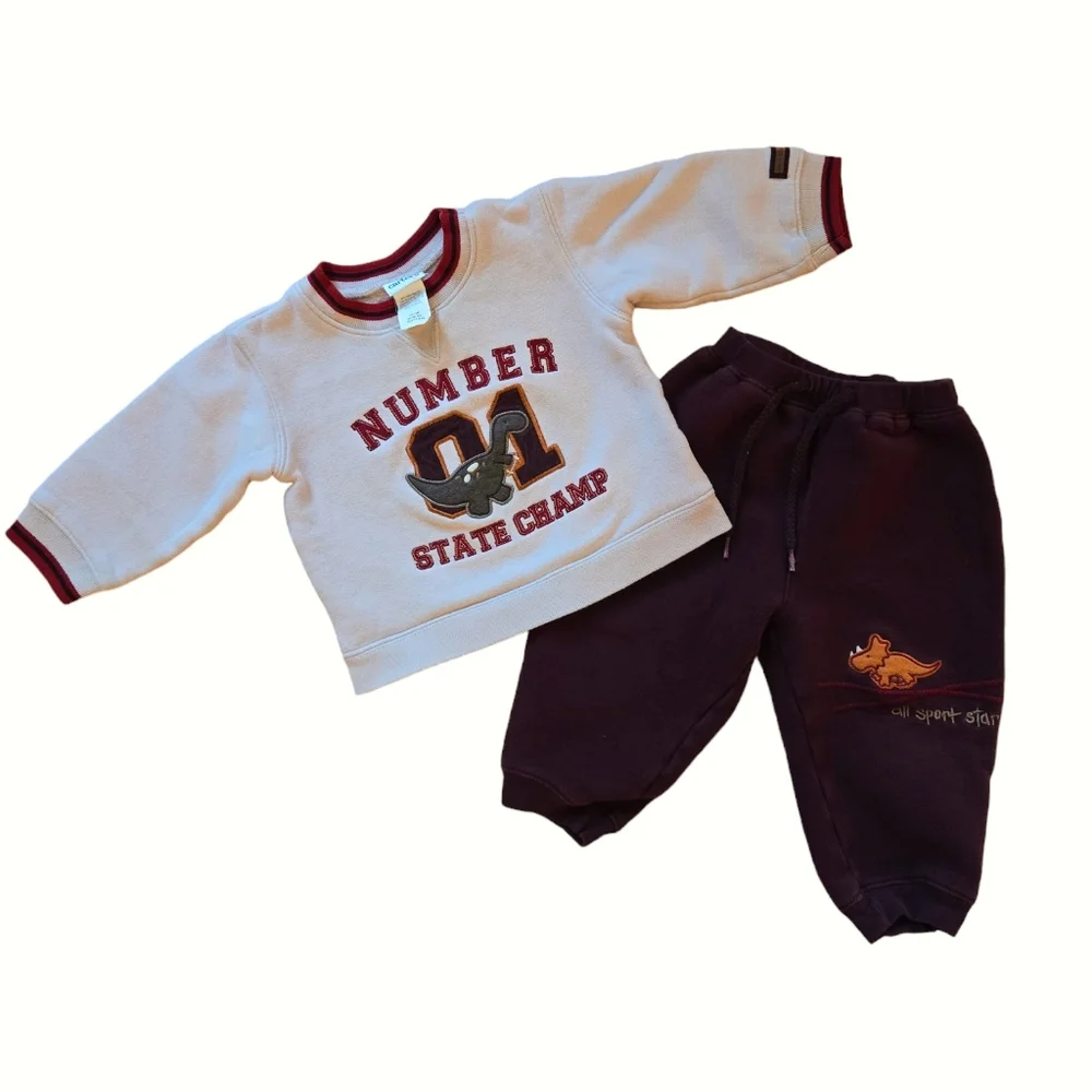 Vintage 1990s Y2K Carter's maroon and beige dinosaur sports sweatsuit set